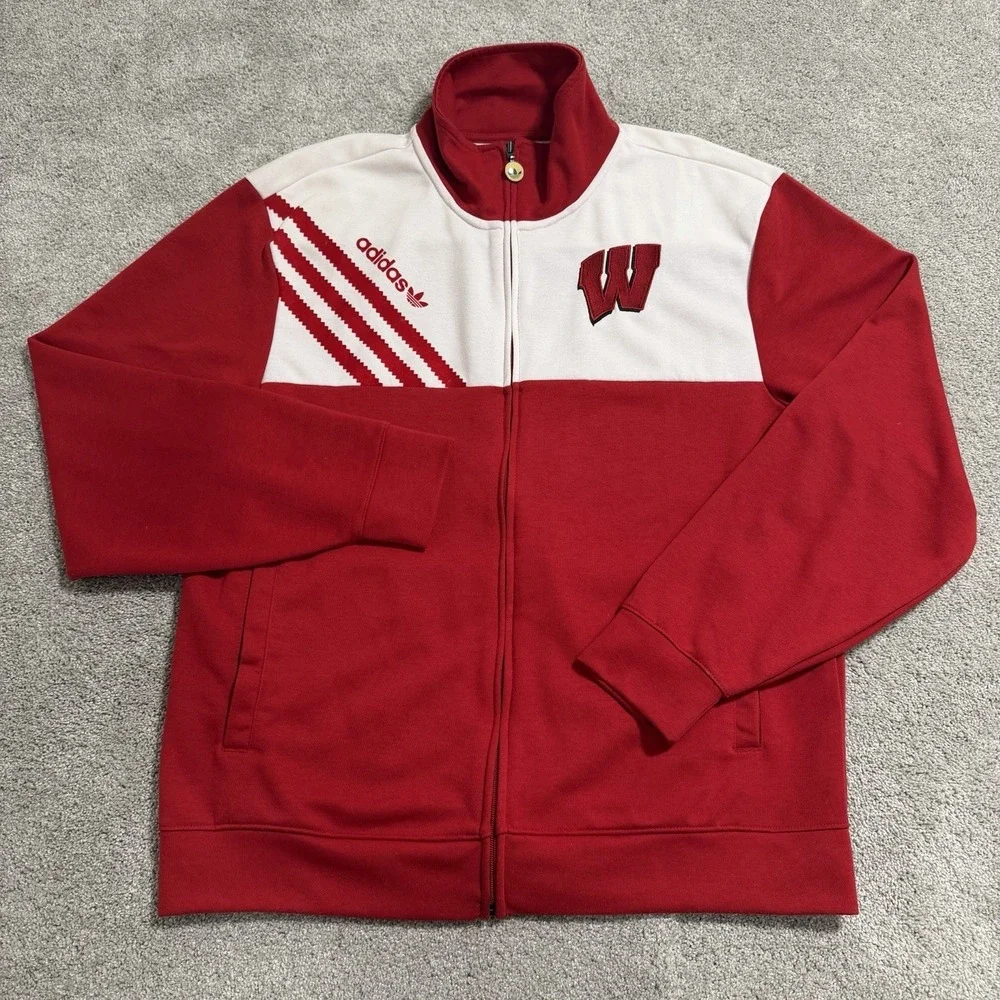 Vintage Adidas Wisconsin Badgers Full Zip Sweatshirt Mens XL Red Trefoil Jacket‎